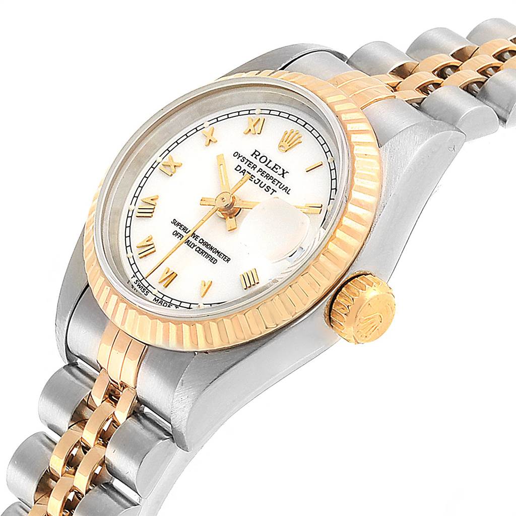 This image shows a Rolex Datejust 69173 Women's Stainless Steel White Dial 69173 Women's Stainless Steel White Dial watch at an oblique angle, highlighting the face, crown, and part of the bracelet.