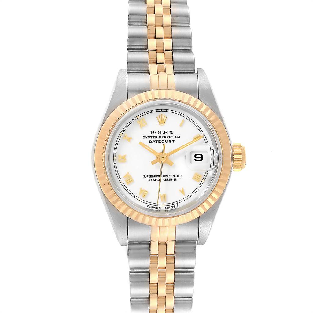 The image shows a front view of a Rolex Datejust 69173 Women's Stainless Steel White Dial 69173 Women's Stainless Steel White Dial watch, highlighting its two-tone bracelet, white dial, and gold fluted bezel.
