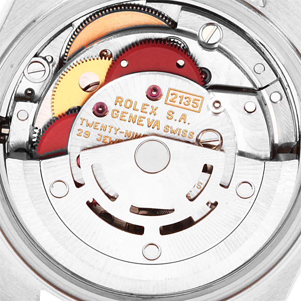 This image shows the movement of a Rolex Datejust 69173 Women's Stainless Steel White Dial 69173 Women's Stainless Steel White Dial watch from a top-down angle, revealing its intricate internal mechanisms.