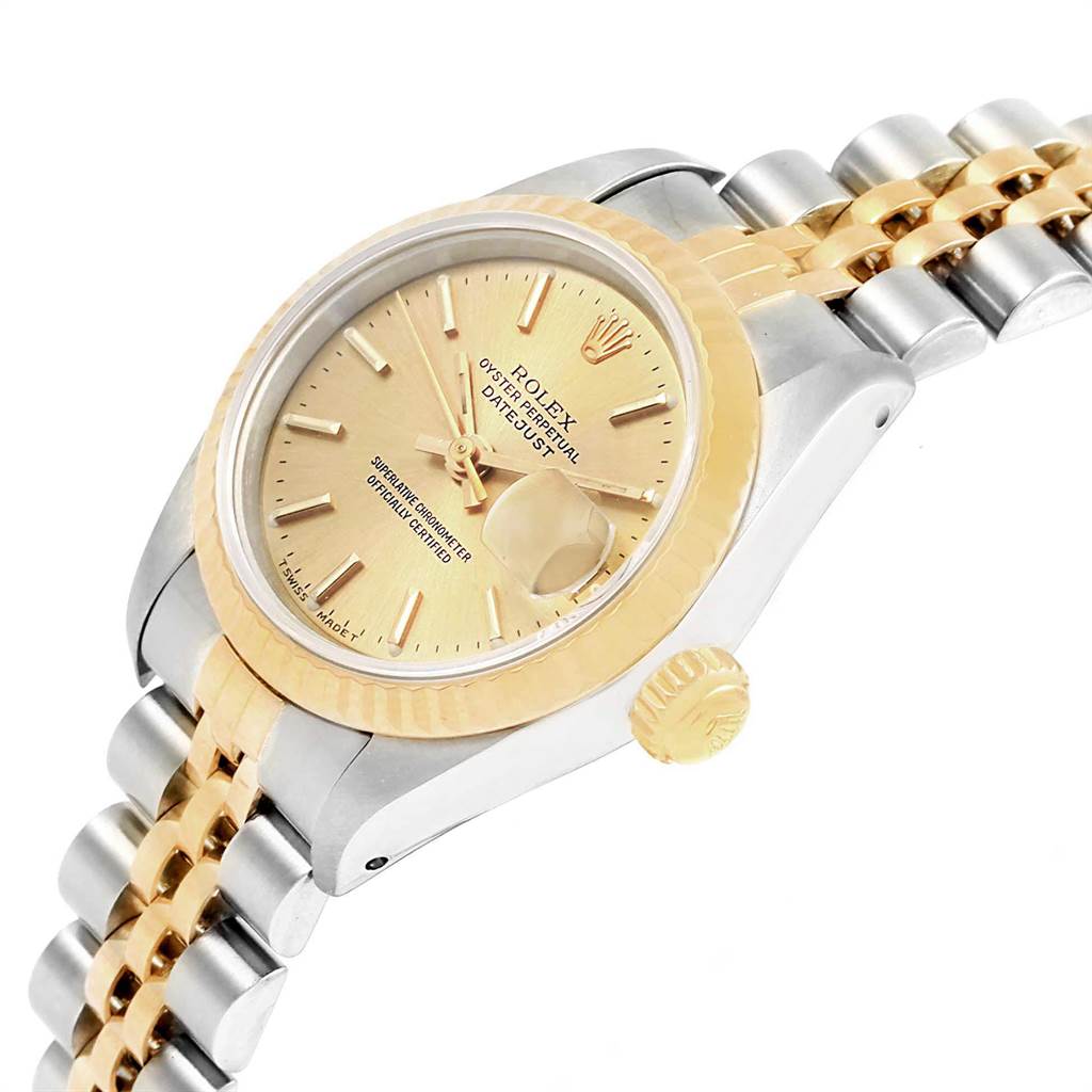 This image shows a side angle of a Rolex Datejust 69173 Women's Stainless Steel Champagne Dial 69173 Women's Stainless Steel Champagne Dial watch, highlighting the face, crown, and two-tone bracelet.