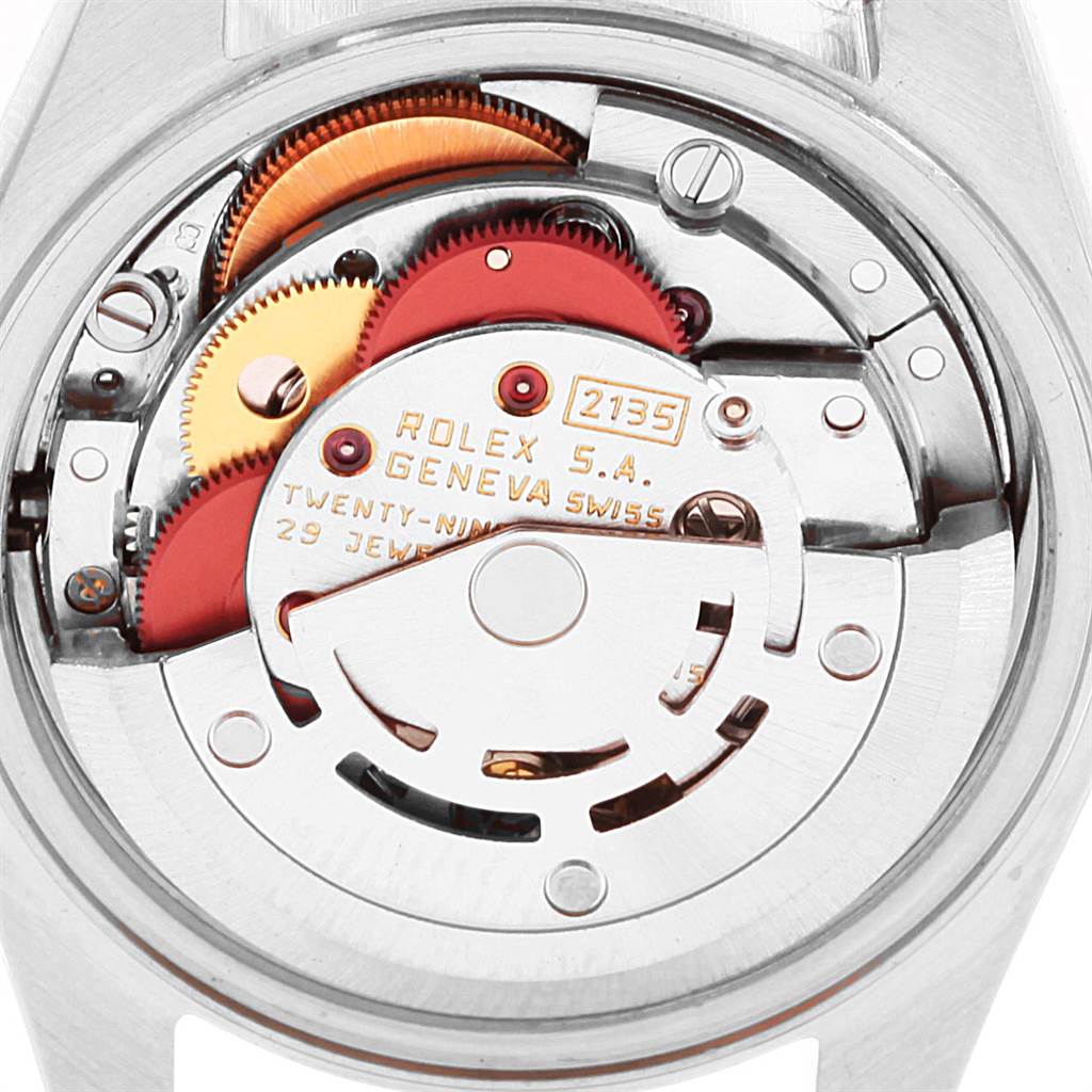 The image shows a close-up of the internal movement of a Rolex Datejust 69173 Women's Stainless Steel Champagne Dial 69173 Women's Stainless Steel Champagne Dial watch from the back.