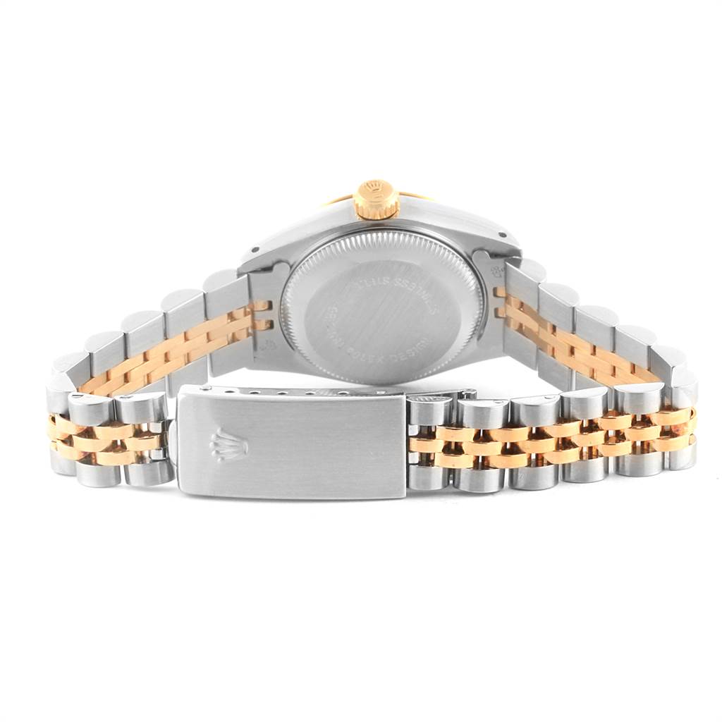 This image shows the back view of a Rolex Datejust 69173 Women's Stainless Steel Champagne Dial 69173 Women's Stainless Steel Champagne Dial watch, featuring the case back and two-tone bracelet with the clasp visible.