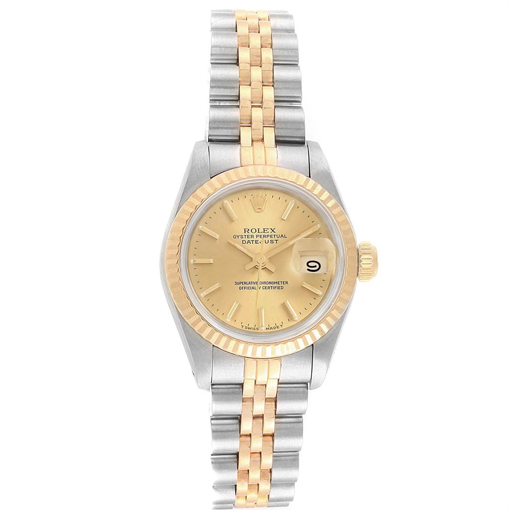 This image shows a Rolex Datejust 69173 Women's Stainless Steel Champagne Dial 69173 Women's Stainless Steel Champagne Dial watch from a frontal angle, highlighting its face, bezel, and bracelet.