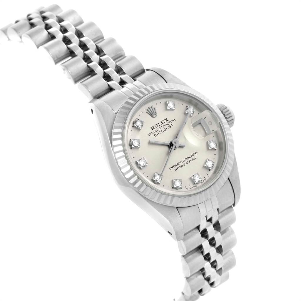 The image shows a Rolex Datejust 69174 Women's Stainless Steel Silver Dial 69174 Women's Stainless Steel Silver Dial watch taken at an angled view, highlighting the dial, fluted bezel, and Jubilee bracelet.