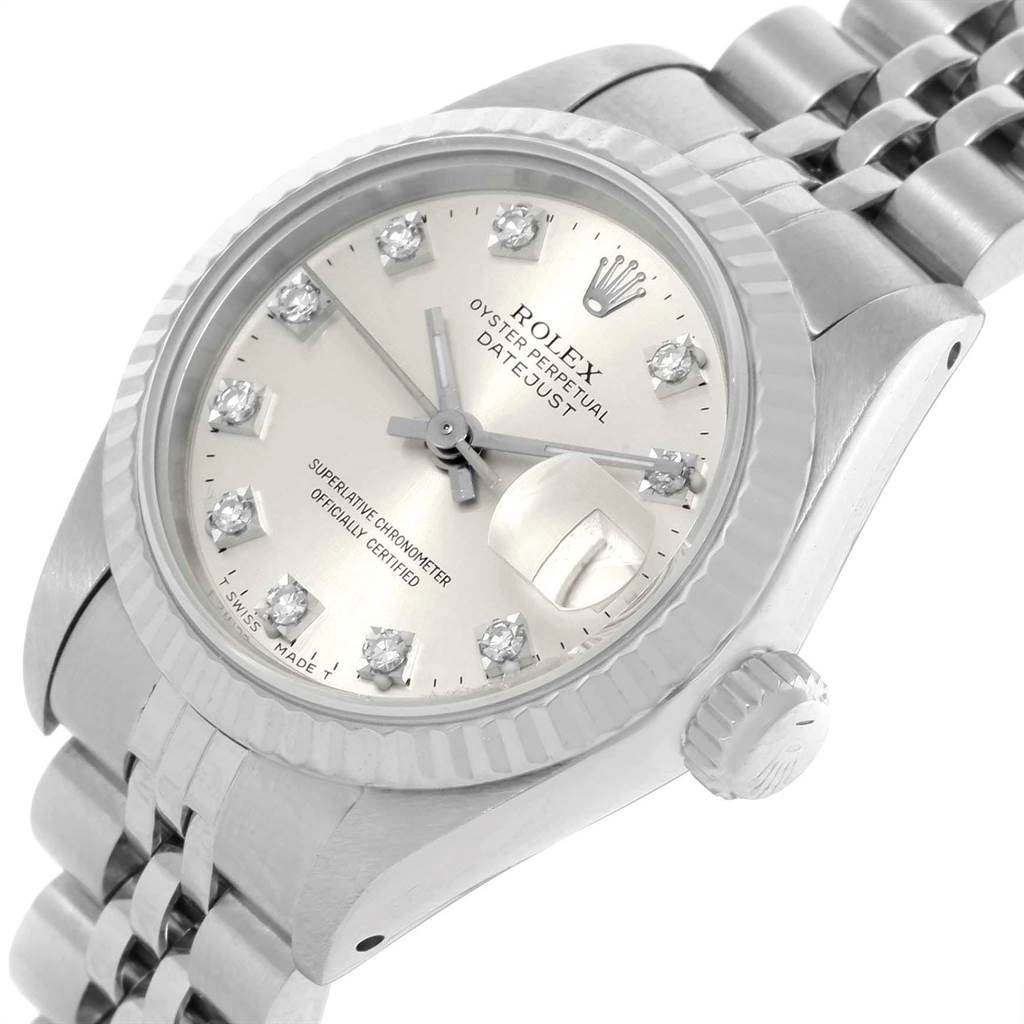 The image shows a Rolex Datejust 69174 Women's Stainless Steel Silver Dial 69174 Women's Stainless Steel Silver Dial watch from an oblique angle, highlighting the dial, crown, and part of the bracelet.