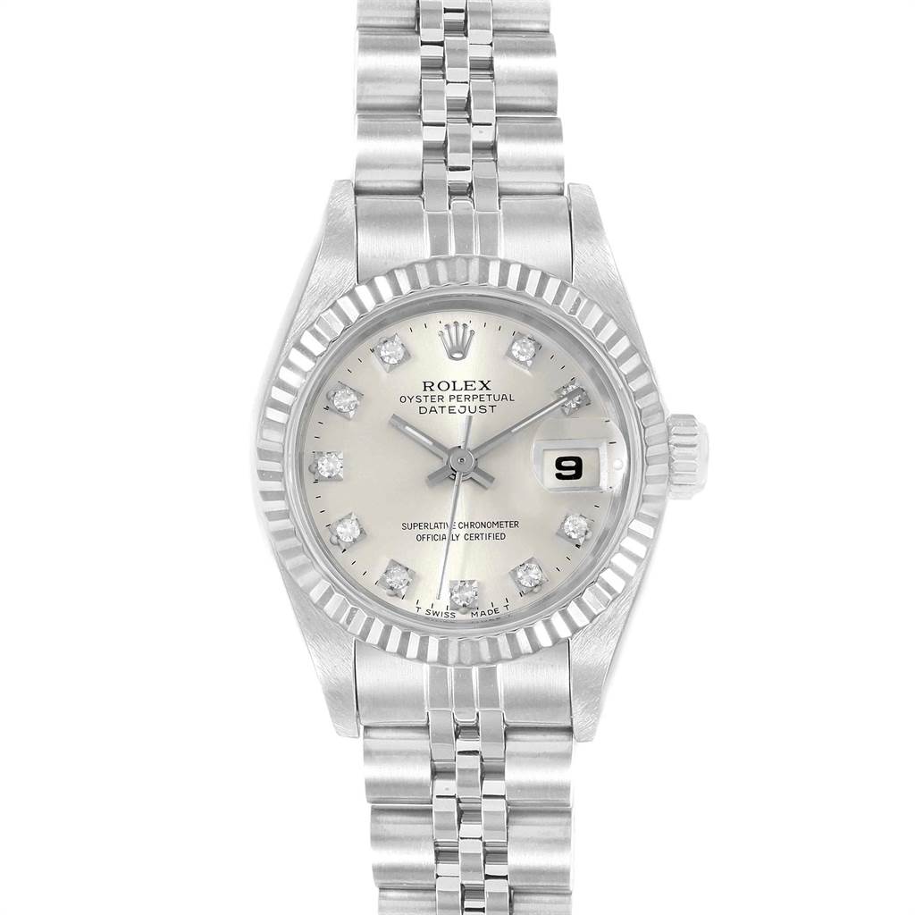 The image shows a front view of a Rolex Datejust 69174 Women's Stainless Steel Silver Dial 69174 Women's Stainless Steel Silver Dial watch, highlighting its face, bezel, and bracelet.