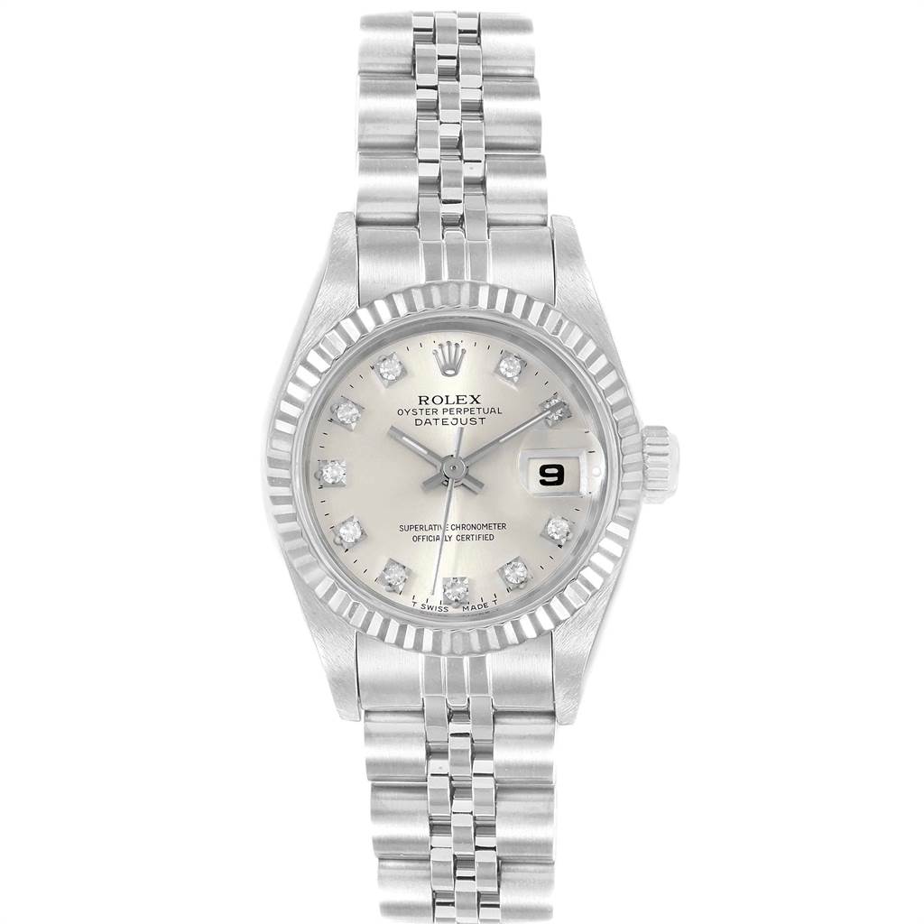 The image shows a front view of a Rolex Datejust 69174 Women's Stainless Steel Silver Dial 69174 Women's Stainless Steel Silver Dial watch, highlighting the dial, bezel, and bracelet.