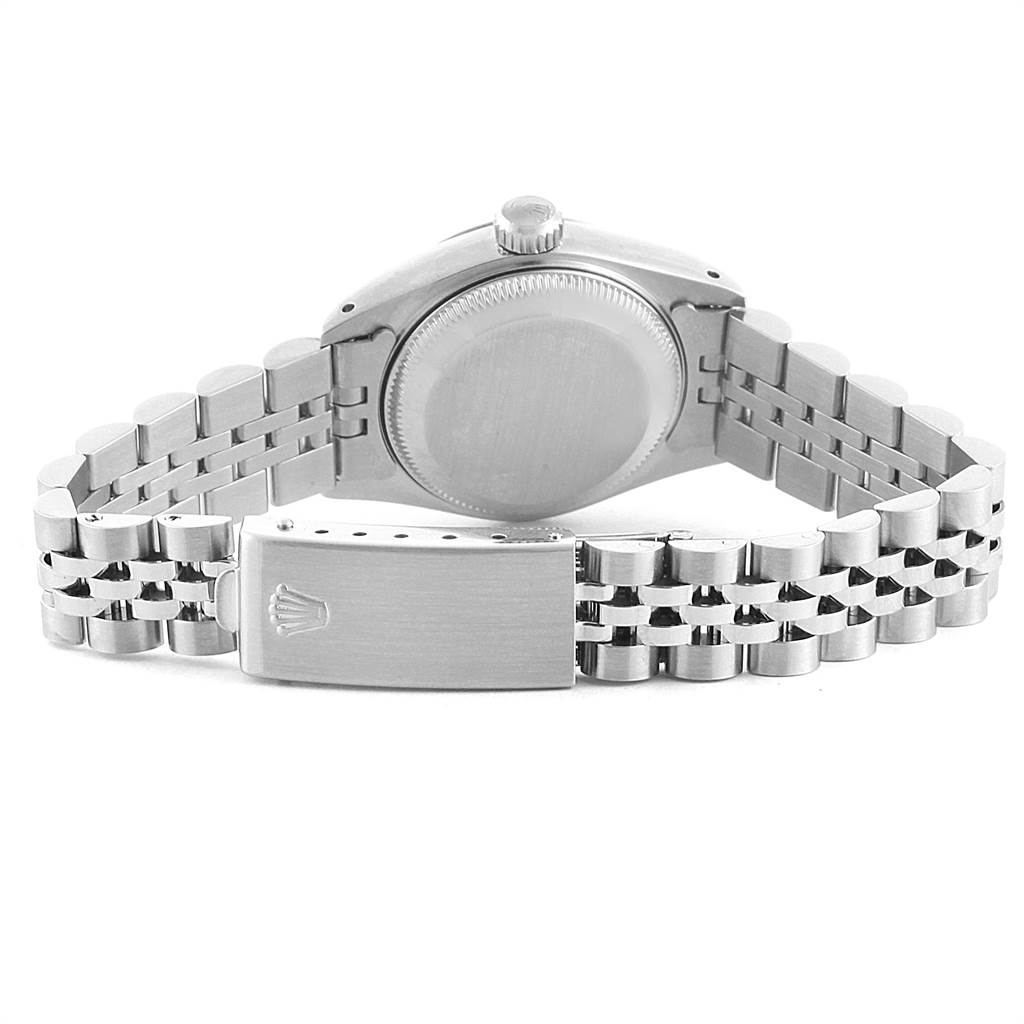 The image shows the back view of a Rolex Datejust 69174 Women's Stainless Steel Silver Dial 69174 Women's Stainless Steel Silver Dial watch, highlighting the case back, crown, and Jubilee bracelet with clasp.