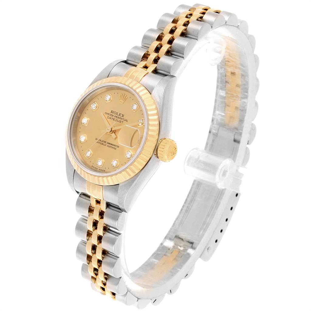 The Rolex Datejust 79173 Women
s Stainless Steel Champagne Dial 79173 Women
s Stainless Steel Champagne Dial watch shown is angled from the front-left, displaying the face, bezel, crown, and bracelet.