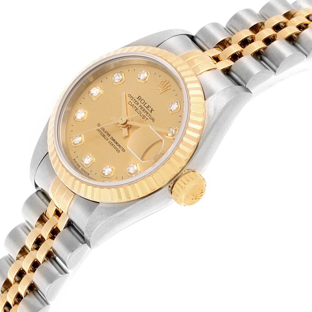 This image shows a Rolex Datejust 79173 Women
s Stainless Steel Champagne Dial 79173 Women
s Stainless Steel Champagne Dial watch from a slightly angled side view, highlighting the face, bezel, crown, and bracelet.