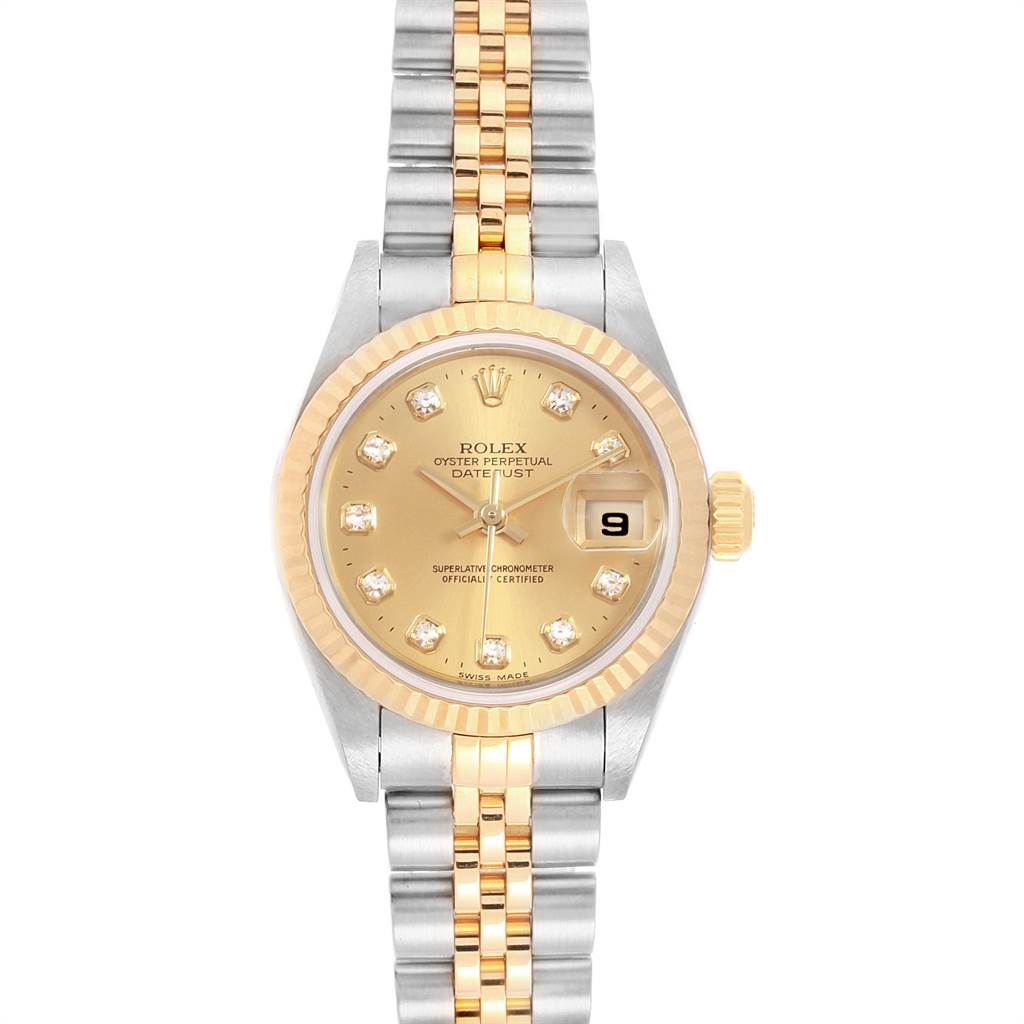 This image shows a front view of the Rolex Datejust 79173 Women
s Stainless Steel Champagne Dial 79173 Women
s Stainless Steel Champagne Dial watch, highlighting the dial, bezel, and bracelet.