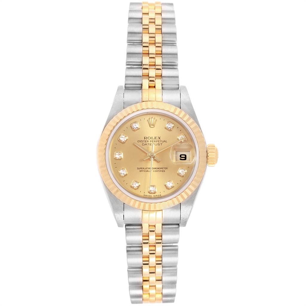 The image shows the front view of a Rolex Datejust 79173 Women
s Stainless Steel Champagne Dial 79173 Women
s Stainless Steel Champagne Dial watch, highlighting its face, bezel, and metal bracelet.