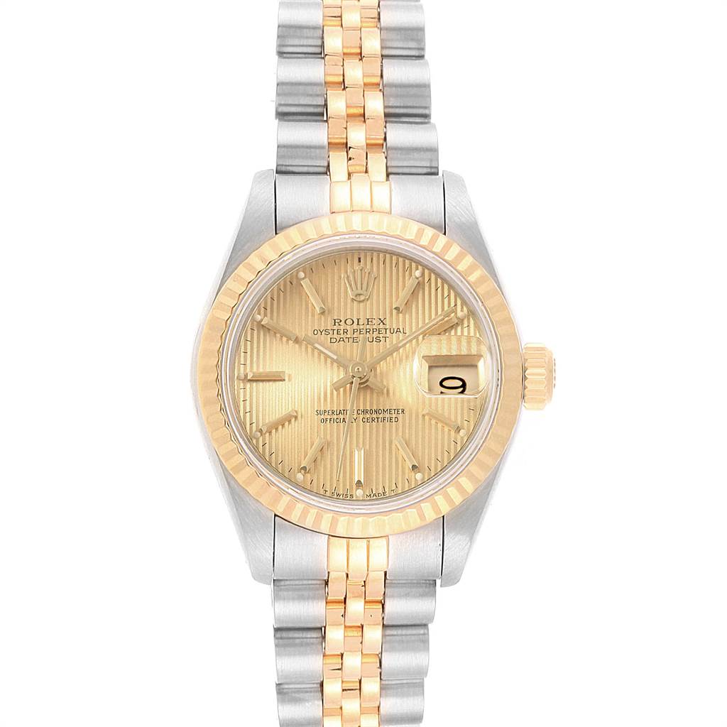 The image shows a front view of a Rolex Datejust 69173 Women's Stainless Steel Champagne Dial 69173 Women's Stainless Steel Champagne Dial watch, displaying its gold dial, fluted bezel, and two-tone bracelet.