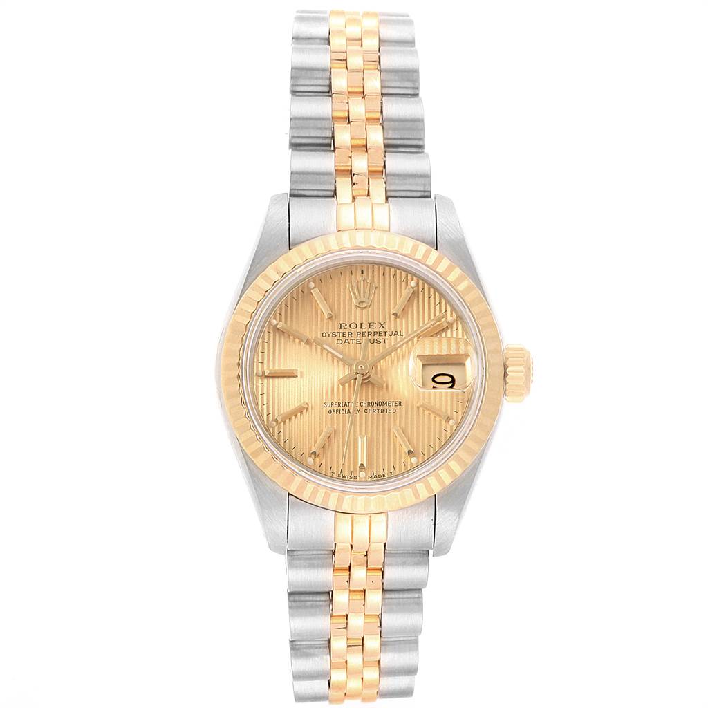 This Rolex Datejust 69173 Women's Stainless Steel Champagne Dial 69173 Women's Stainless Steel Champagne Dial watch is shown from the front, displaying the dial, bezel, crown, and part of the bracelet.