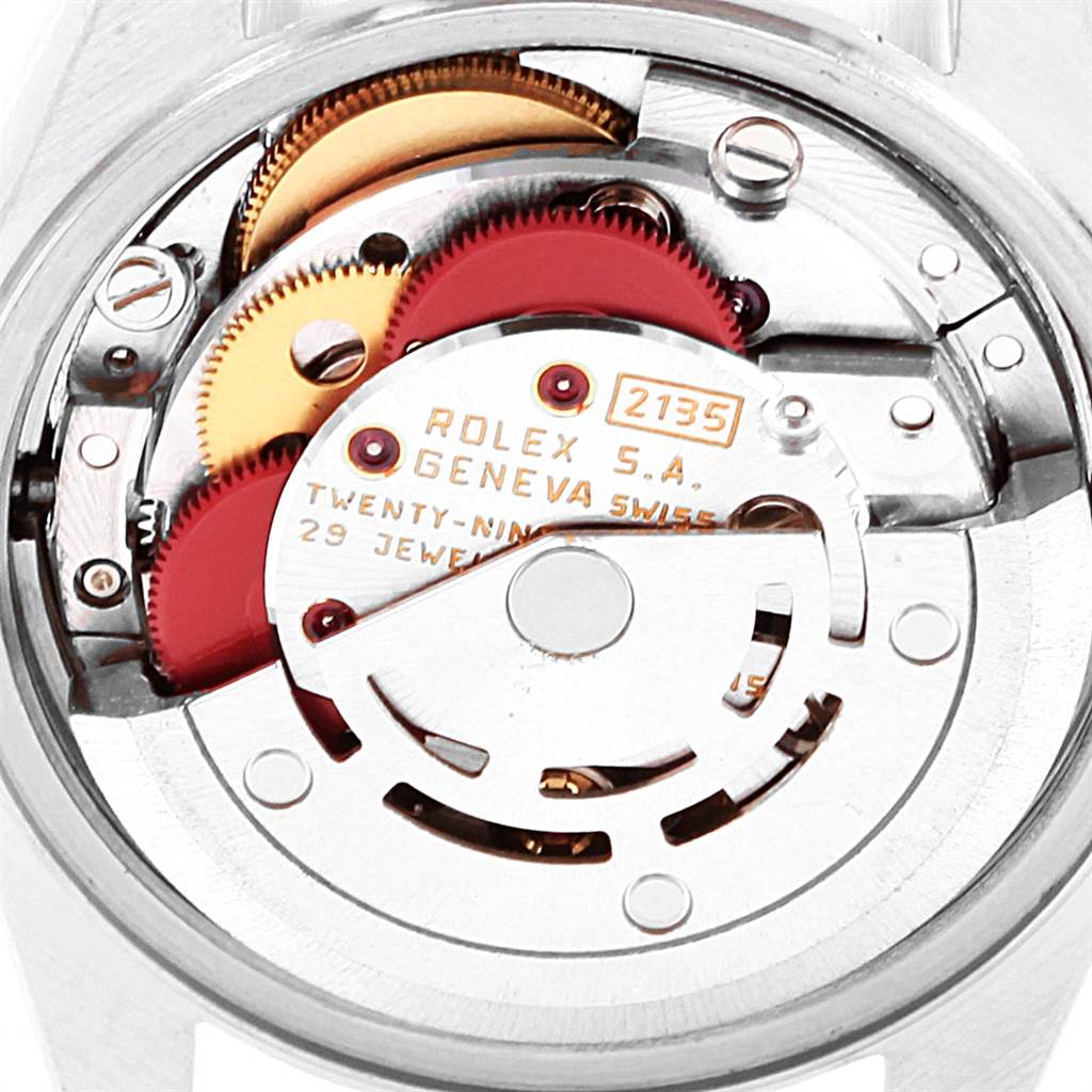 The image shows the internal mechanism and movement of a Rolex Datejust 69173 Women's Stainless Steel Champagne Dial 69173 Women's Stainless Steel Champagne Dial watch from a rear angle.