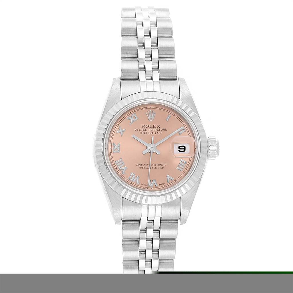 This image shows a front view of a Rolex Datejust 79174 Women
s Stainless Steel Pink Dial 79174 Women
s Stainless Steel Pink Dial watch, displaying its face, hands, date window, and bracelet.