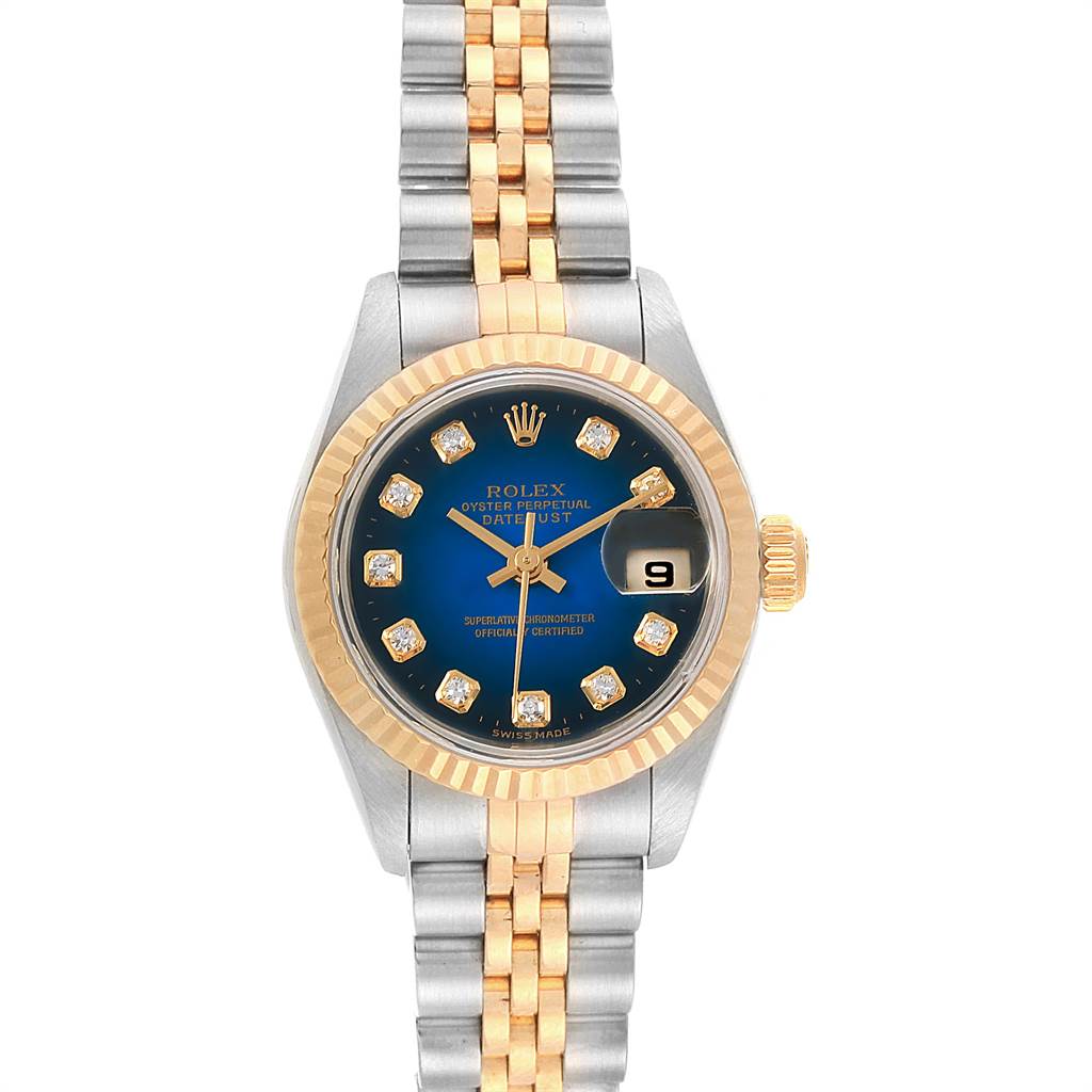 This image shows a front view of a Rolex Datejust 79173 Women's Steel and Gold (two tone) Blue Dial 79173 Women's Steel and Gold (two tone) Blue Dial watch featuring a two-tone bracelet, fluted bezel, and a blue dial with diamond hour markers.