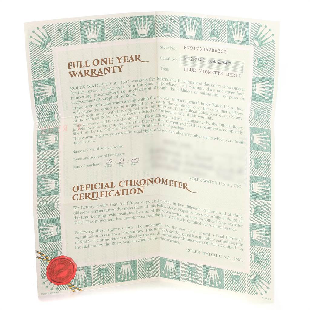 The image shows the warranty and certification paperwork for a Rolex Datejust 79173 Women's Steel and Gold (two tone) Blue Dial 79173 Women's Steel and Gold (two tone) Blue Dial model.