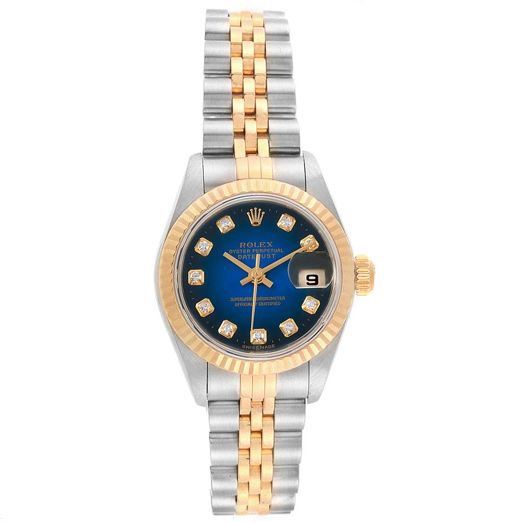 The image shows a Rolex Datejust 79173 Women's Steel and Gold (two tone) Blue Dial 79173 Women's Steel and Gold (two tone) Blue Dial model watch from a front view, highlighting its two-tone bracelet, blue dial, and gold bezel.