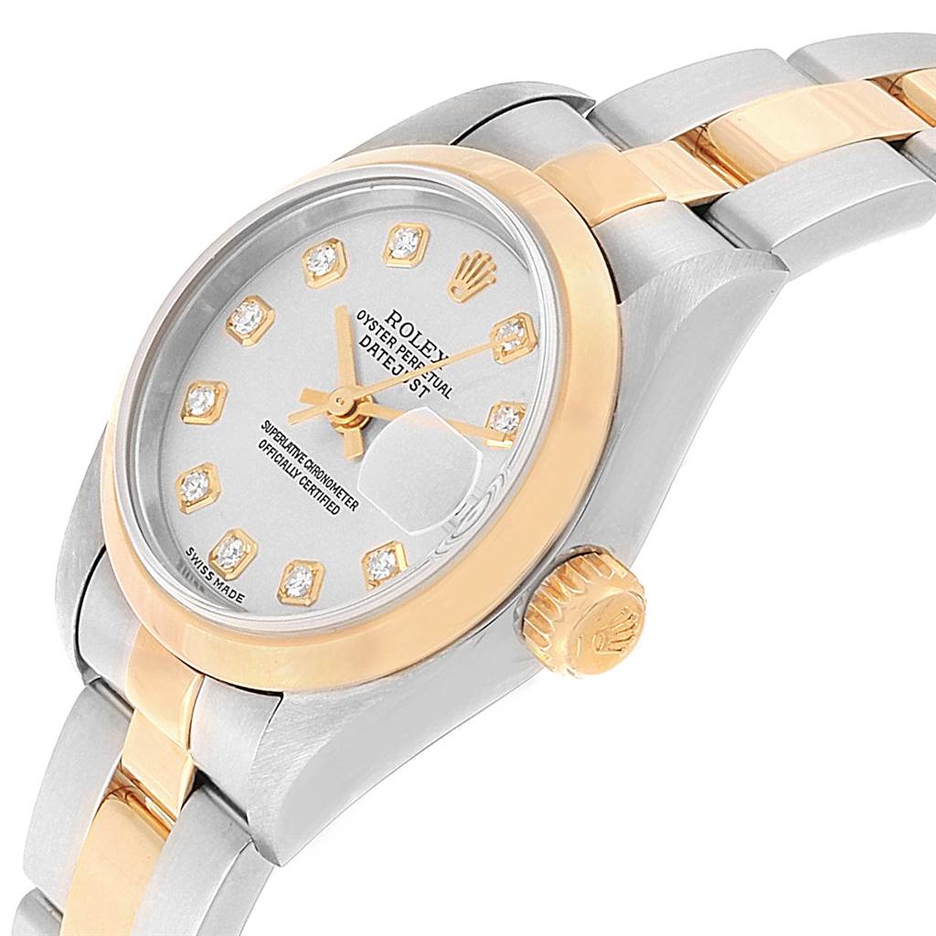 The image shows a Rolex Datejust 79163 Women's Steel and Gold (two tone) Silver Dial 79163 Women's Steel and Gold (two tone) Silver Dial watch angled to display the face, crown, and part of the bracelet.
