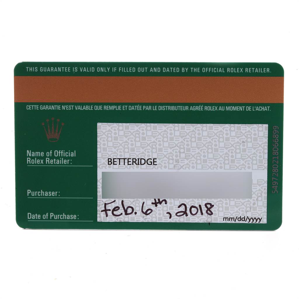 This image shows a warranty card for the Rolex Datejust 178274 Women
s Stainless Steel Mother of Pearl Dial 178274 Women
s Stainless Steel Mother of Pearl Dial watch, including details of the retailer and purchase date.