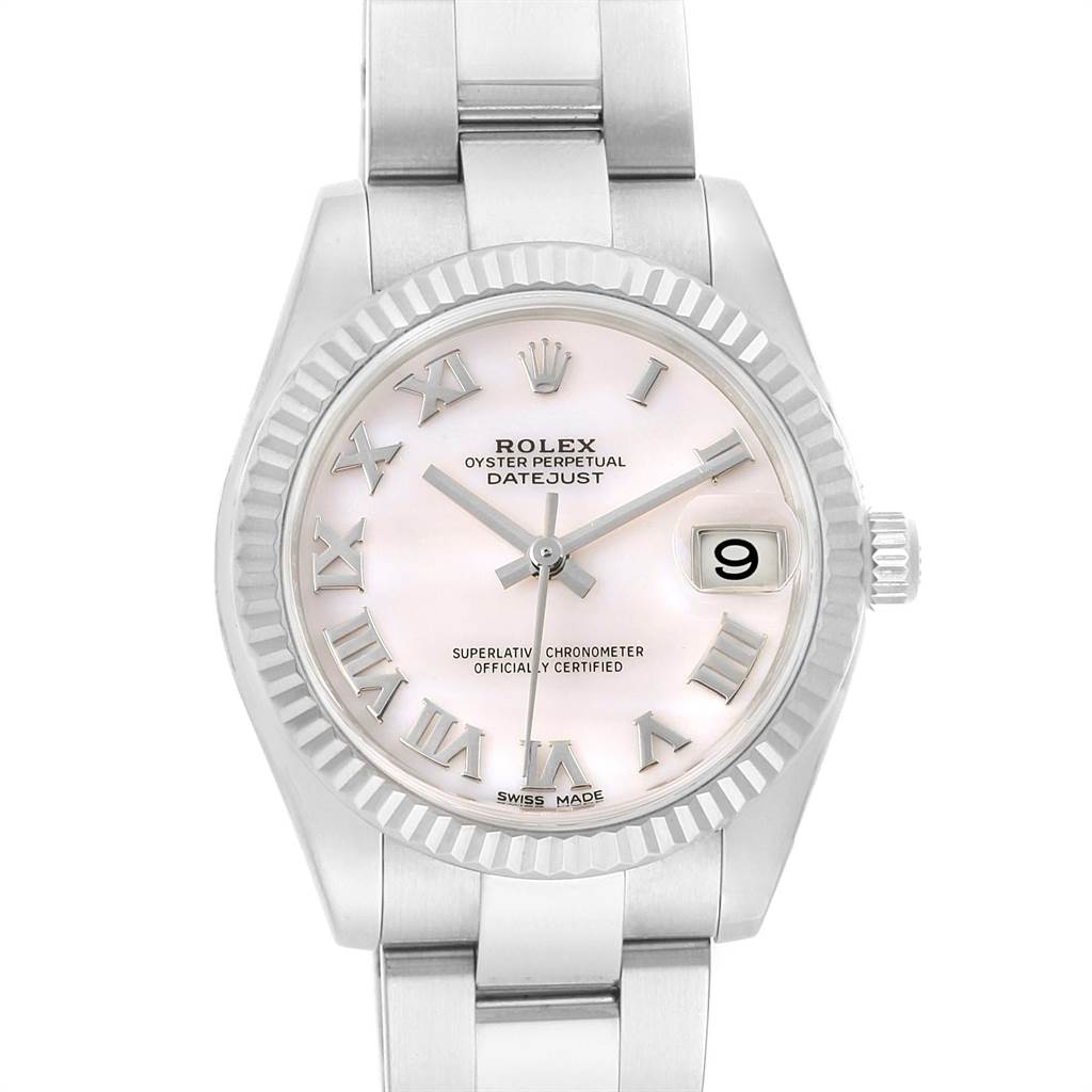 The image shows a front view of the Rolex Datejust 178274 Women
s Stainless Steel Mother of Pearl Dial 178274 Women
s Stainless Steel Mother of Pearl Dial watch, highlighting the dial, hands, bezels, and bracelet.