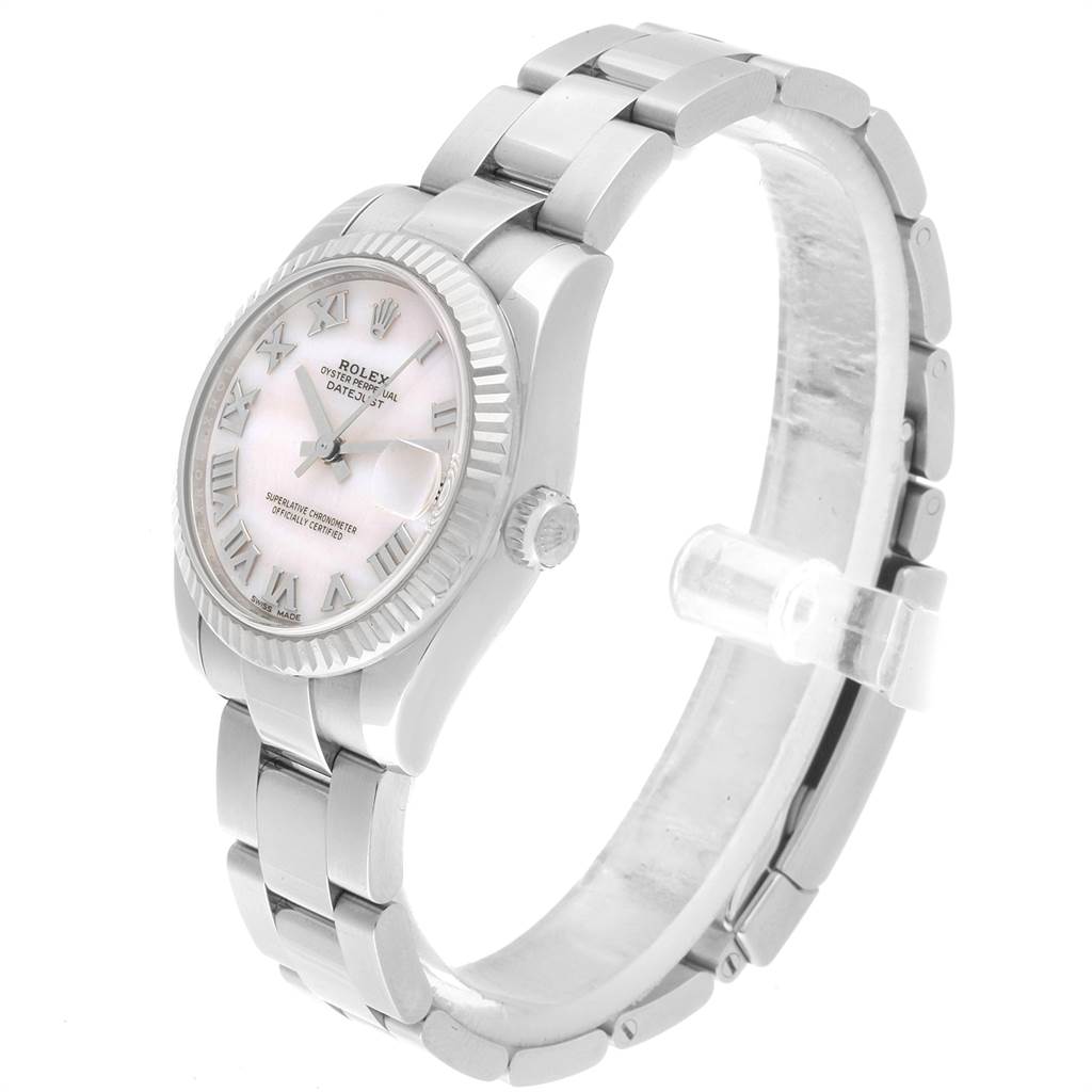 The Rolex Datejust 178274 Women
s Stainless Steel Mother of Pearl Dial 178274 Women
s Stainless Steel Mother of Pearl Dial model watch is shown at an angle revealing the face, bezel, crown, and partial bracelet.