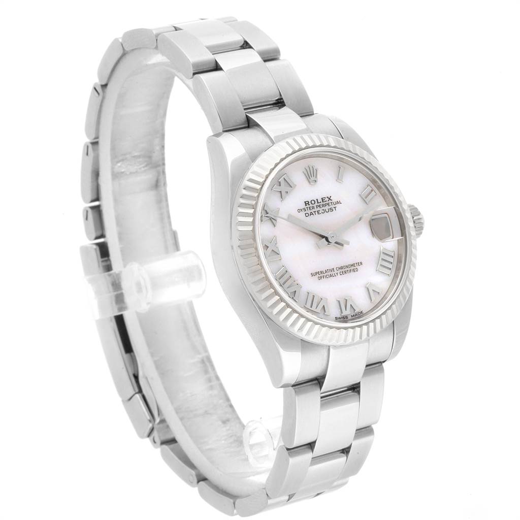 The image shows a Rolex Datejust 178274 Women
s Stainless Steel Mother of Pearl Dial 178274 Women
s Stainless Steel Mother of Pearl Dial watch angled from the front-left, highlighting the face and bracelet.
