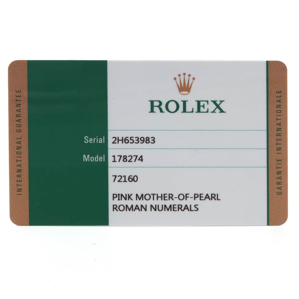 This is an image of an international guarantee card for a Rolex Datejust 178274 Women
s Stainless Steel Mother of Pearl Dial 178274 Women
s Stainless Steel Mother of Pearl Dial model 178274 with pink mother-of-pearl and Roman numerals.