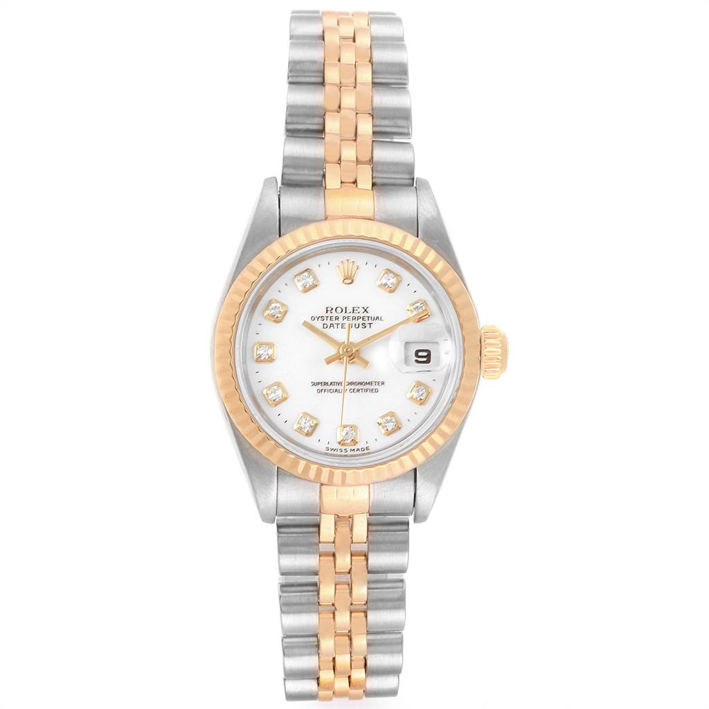 This image shows a frontal view of a Rolex Datejust 79173 Women's Steel and Gold (two tone) White Dial 79173 Women's Steel and Gold (two tone) White Dial watch, highlighting the two-tone bracelet, face, and fluted bezel.
