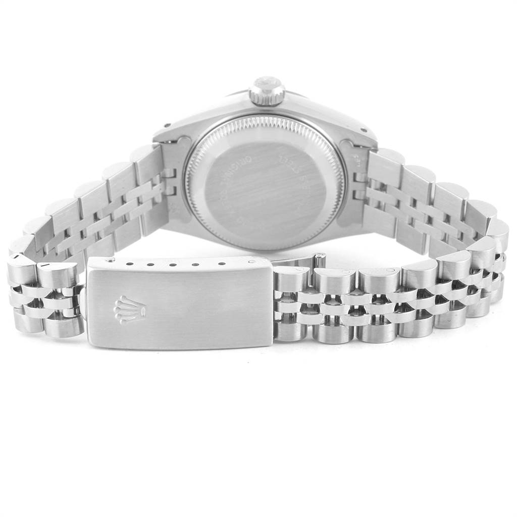 This image shows the back case and bracelet of a Rolex Datejust 69174 Women's Stainless Steel Silver Dial 69174 Women's Stainless Steel Silver Dial watch, focusing on the clasp and links.