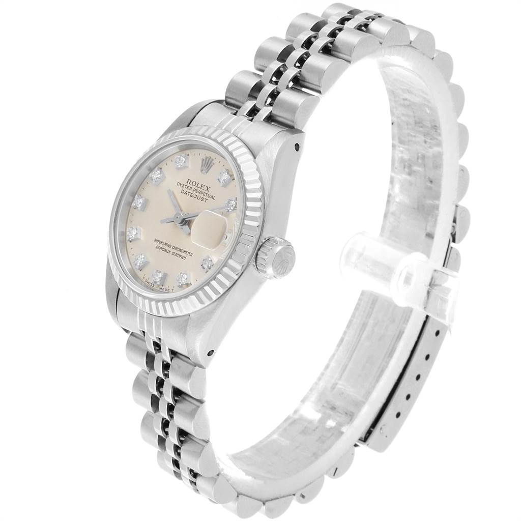 The Rolex Datejust 69174 Women's Stainless Steel Silver Dial 69174 Women's Stainless Steel Silver Dial watch is shown at an angled side view, displaying the bracelet, bezel, crown, and face with date feature.