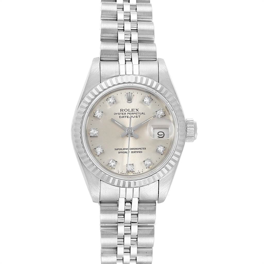 The image shows a Rolex Datejust 69174 Women's Stainless Steel Silver Dial 69174 Women's Stainless Steel Silver Dial watch from a top-down angle, highlighting the dial, bezel, band, and crown.