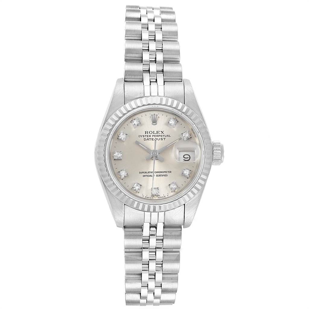 This image shows a Rolex Datejust 69174 Women's Stainless Steel Silver Dial 69174 Women's Stainless Steel Silver Dial watch from a frontal angle, displaying the entire watch including the face and bracelet.