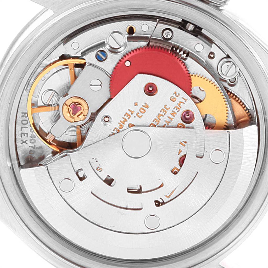 This image shows the inner mechanism and movement of a Rolex Datejust 69174 Women's Stainless Steel Silver Dial 69174 Women's Stainless Steel Silver Dial watch from a close-up angle.