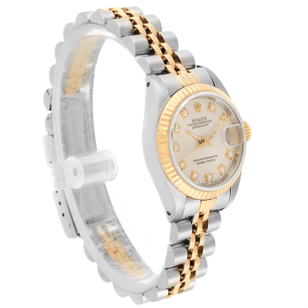 This image shows a side view of a Rolex Datejust 69173 Women's Stainless Steel Silver Dial 69173 Women's Stainless Steel Silver Dial watch, highlighting its two-tone bracelet and diamond-accented dial.