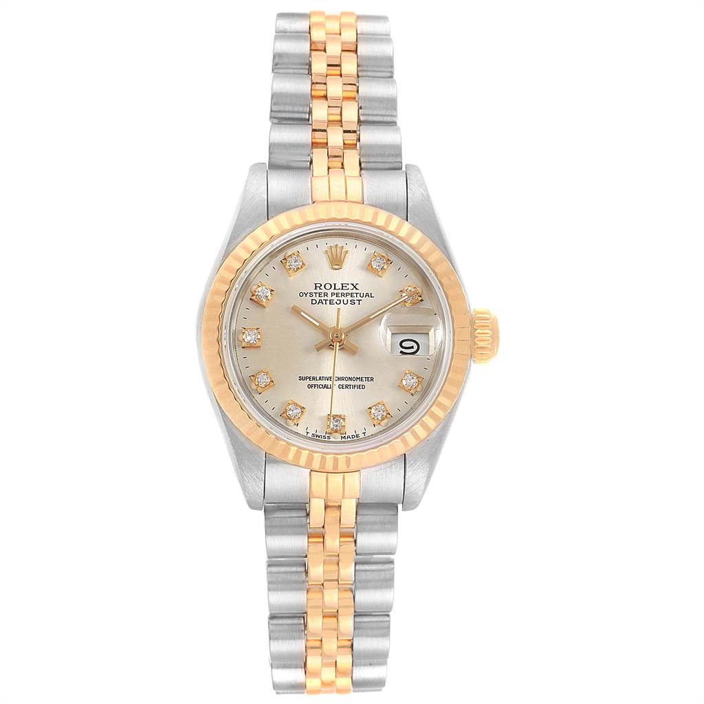 The image shows a front view of a Rolex Datejust 69173 Women's Stainless Steel Silver Dial 69173 Women's Stainless Steel Silver Dial watch, displaying the face, bezel, and bracelet.