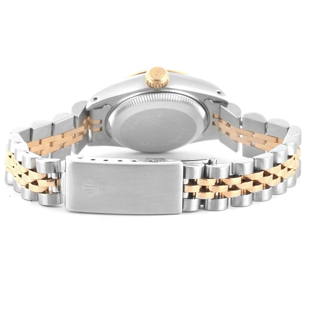 This image shows the back of a Rolex Datejust 69173 Women's Stainless Steel Silver Dial 69173 Women's Stainless Steel Silver Dial watch, highlighting its case back, crown, and two-tone bracelet.