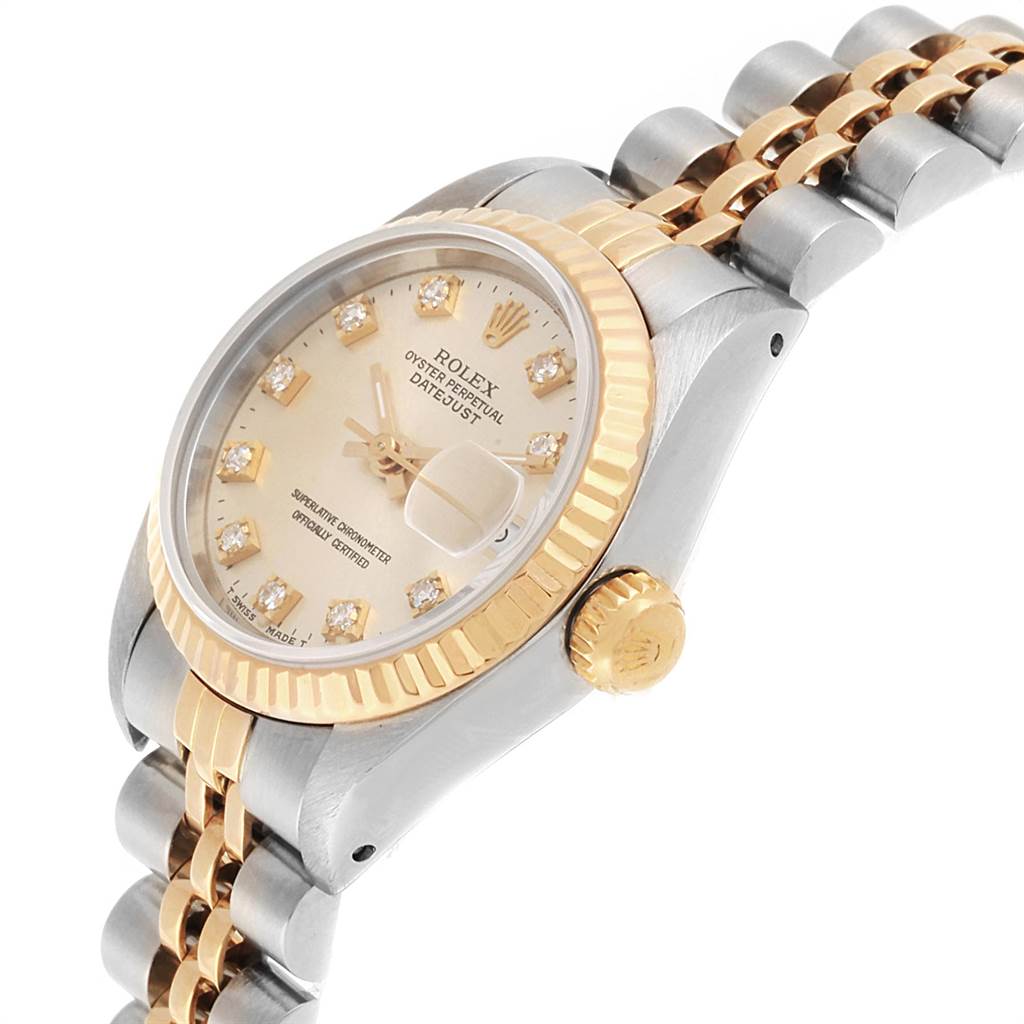 This image shows a Rolex Datejust 69173 Women's Stainless Steel Silver Dial 69173 Women's Stainless Steel Silver Dial watch at an angle, highlighting the dial, bezel, crown, and part of the bracelet.