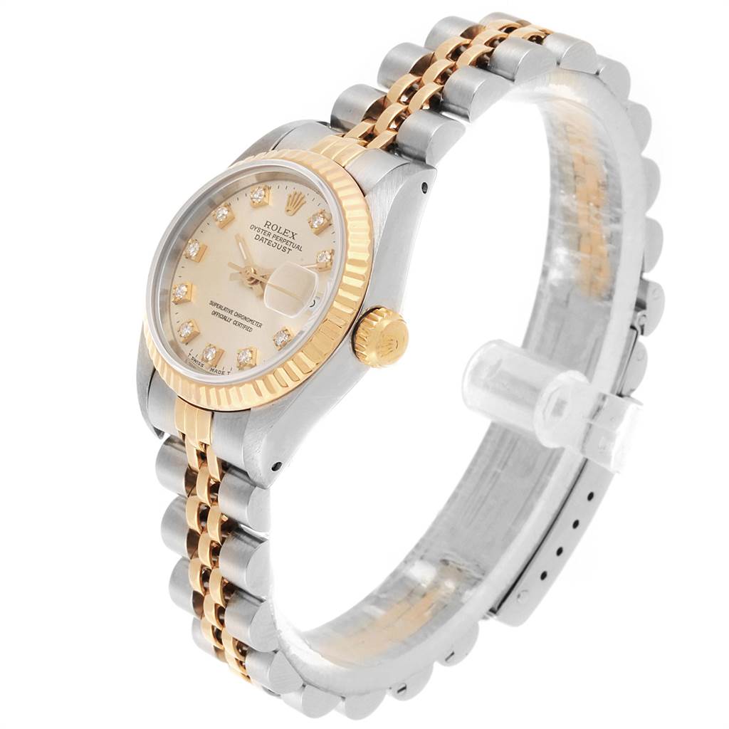 The image shows a side angle of a Rolex Datejust 69173 Women's Stainless Steel Silver Dial 69173 Women's Stainless Steel Silver Dial watch, highlighting the watch face, bezel, and bracelet.