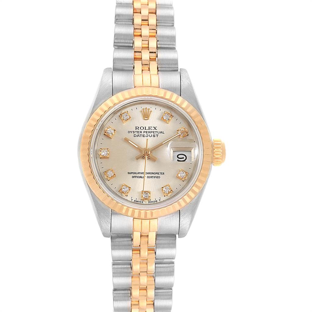 This image shows a front view of the Rolex Datejust 69173 Women's Stainless Steel Silver Dial 69173 Women's Stainless Steel Silver Dial watch, highlighting the dial, bezel, crown, and bracelet.