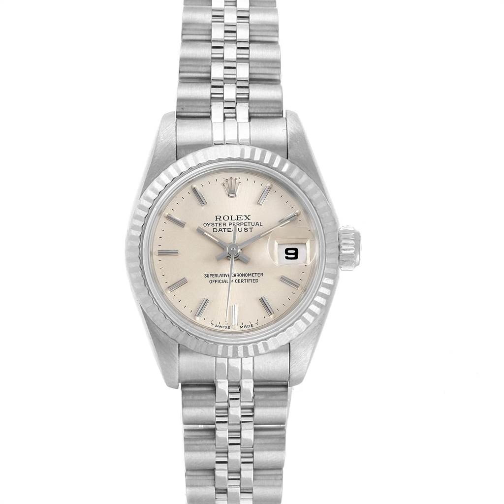The image shows a Rolex Datejust 69174 Women's Stainless Steel Silver Dial 69174 Women's Stainless Steel Silver Dial watch from a top-down perspective, highlighting the dial, bezel, and bracelet.