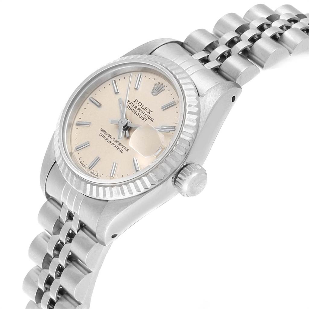 The image shows a Rolex Datejust 69174 Women's Stainless Steel Silver Dial 69174 Women's Stainless Steel Silver Dial watch from an oblique angle, highlighting the face, bezel, crown, and bracelet.