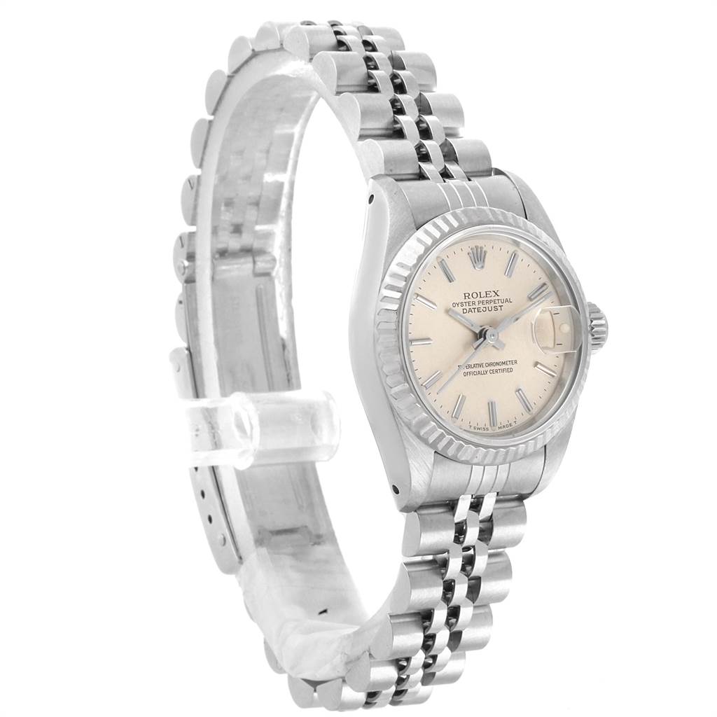 This image shows a side angle view of a Rolex Datejust 69174 Women's Stainless Steel Silver Dial 69174 Women's Stainless Steel Silver Dial watch, highlighting the bracelet and the face with its distinctive features.
