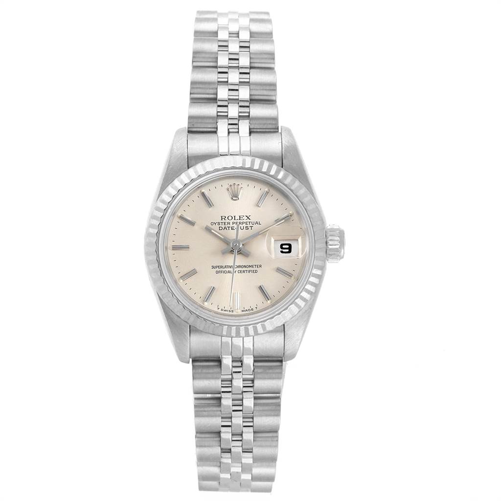 The image shows a front view of the Rolex Datejust 69174 Women's Stainless Steel Silver Dial 69174 Women's Stainless Steel Silver Dial watch, featuring its bracelet, dial, crown, and date window.