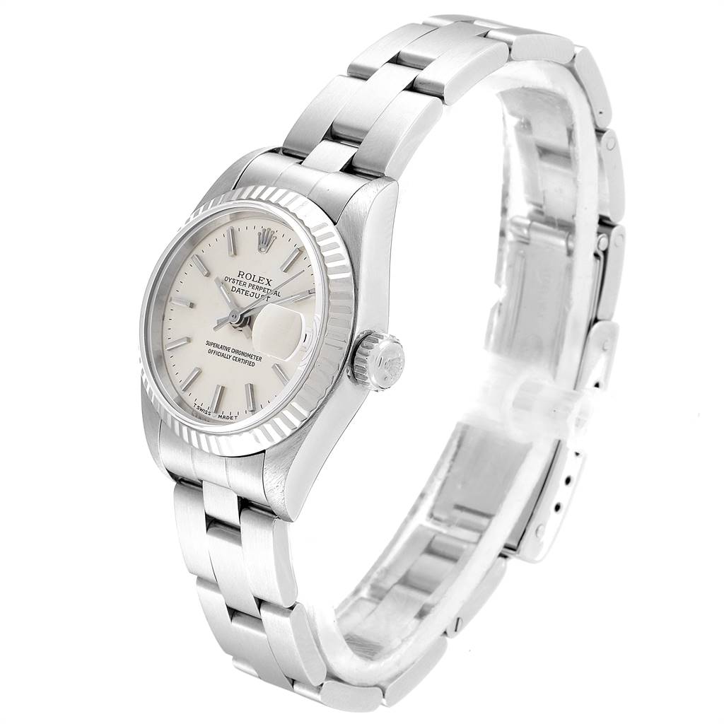 This image shows a side angle view of a Rolex Datejust 69174 Women's Stainless Steel Silver Dial 69174 Women's Stainless Steel Silver Dial watch, highlighting the dial, crown, and bracelet.