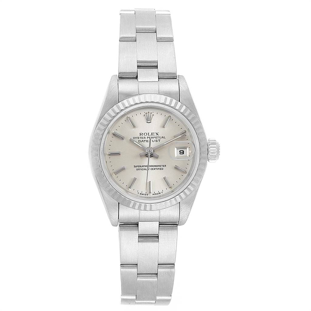 The image shows a front view of a Rolex Datejust 69174 Women's Stainless Steel Silver Dial 69174 Women's Stainless Steel Silver Dial watch featuring its dial, bracelet, crown, and date window.