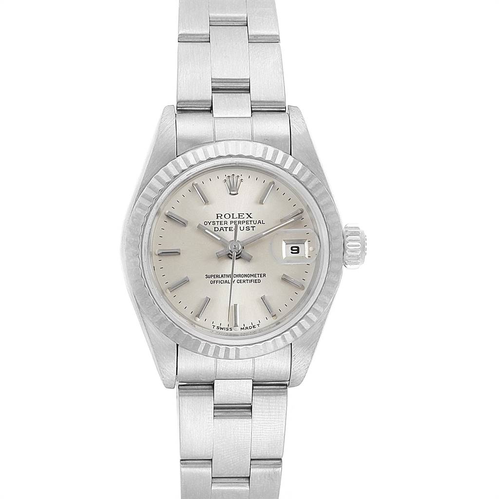 The image shows a Rolex Datejust 69174 Women's Stainless Steel Silver Dial 69174 Women's Stainless Steel Silver Dial watch from a front angle, highlighting its dial, bezel, bracelet, and crown.