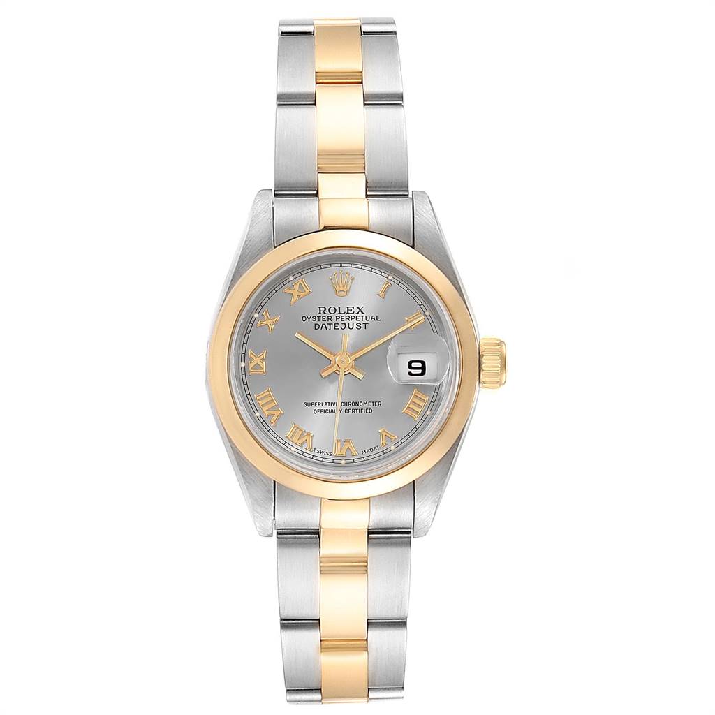 This Rolex Datejust 69163 Women's Steel and Gold (two tone) Grey Dial 69163 Women's Steel and Gold (two tone) Grey Dial watch is shown from the front, displaying its dial, bracelet, and crown.