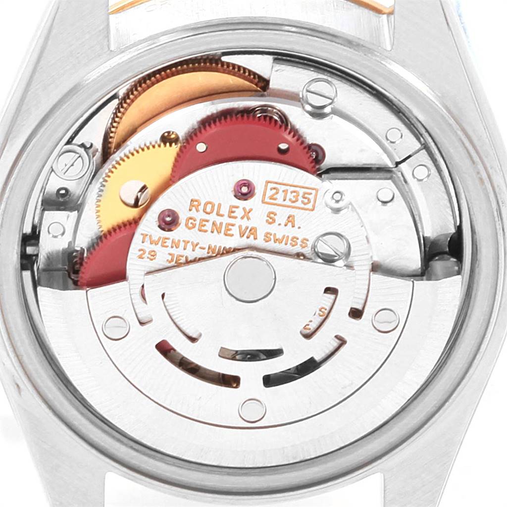 This image shows the movement mechanism of a Rolex Datejust 69163 Women's Steel and Gold (two tone) Grey Dial 69163 Women's Steel and Gold (two tone) Grey Dial watch from a rear view angle.